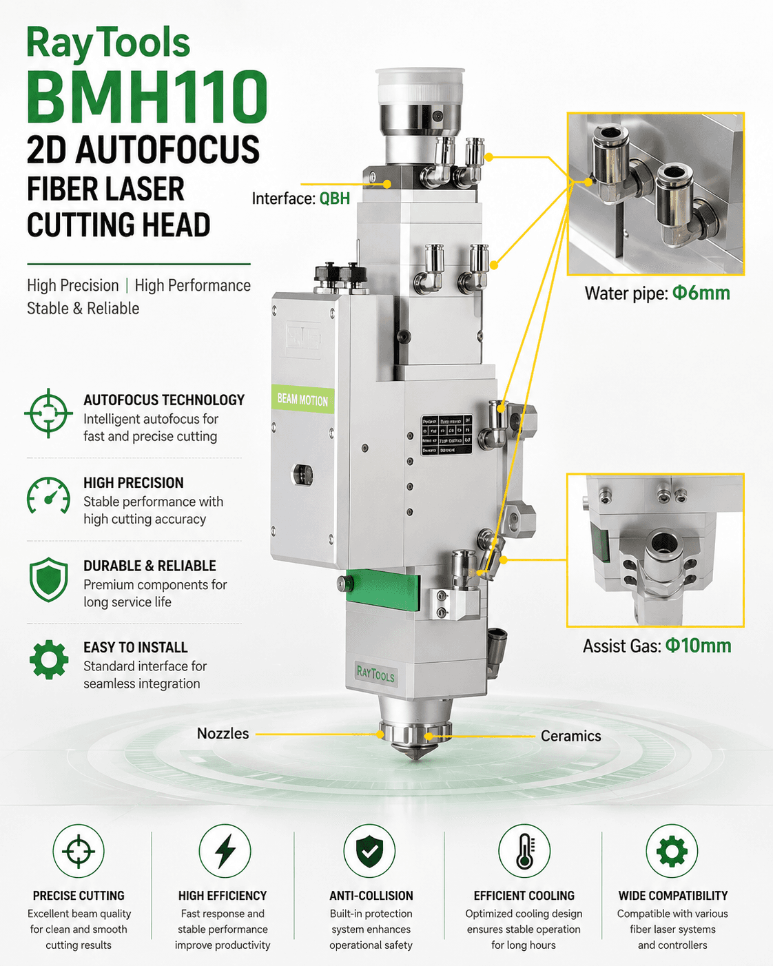 RayTools BMH110 2D Autofocus Fiber Laser Cutting Head (0–3.3kW) for CNC Metal Cutting Machines