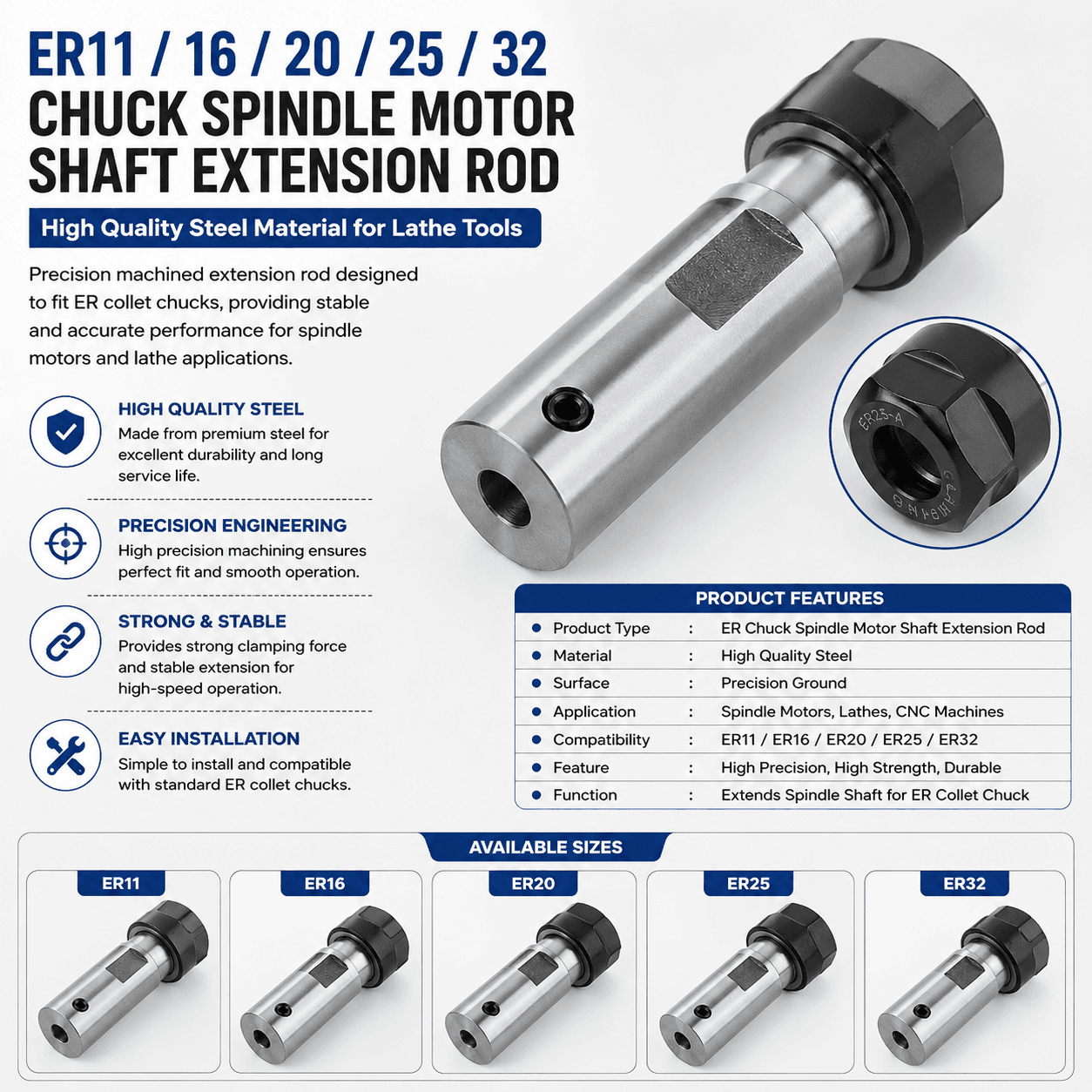ER11 / 16 / 20 / 25 / 32 Chuck Spindle Motor Shaft Extension Rod – High Quality Steel Material for Lathe Tools