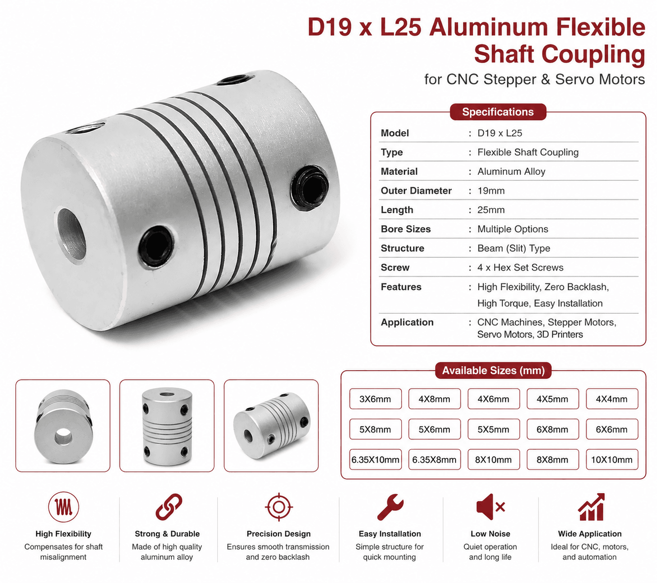 D19 x L25 Aluminum Flexible Shaft Coupling for CNC Stepper & Servo Motors