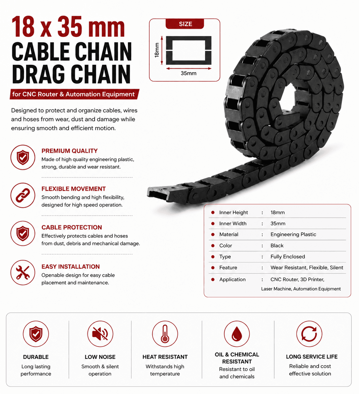 18*35 mm Cable Chain Drag Chain for CNC router