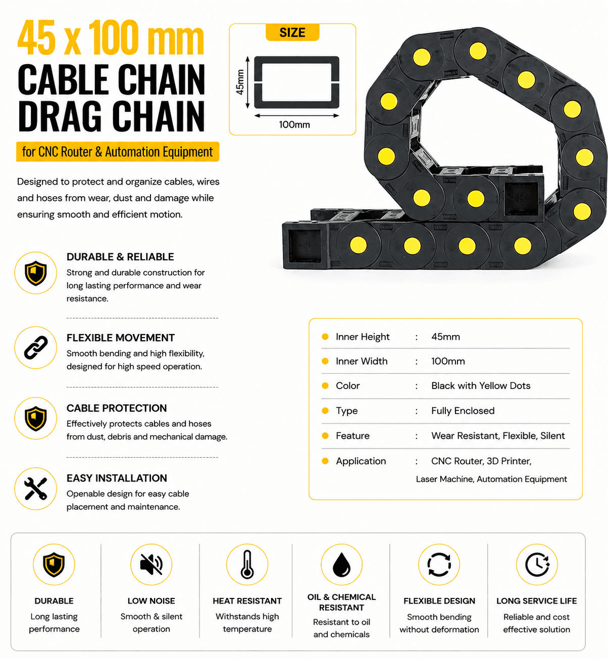 45*100 mm Cable Chain Drag Chain for CNC router