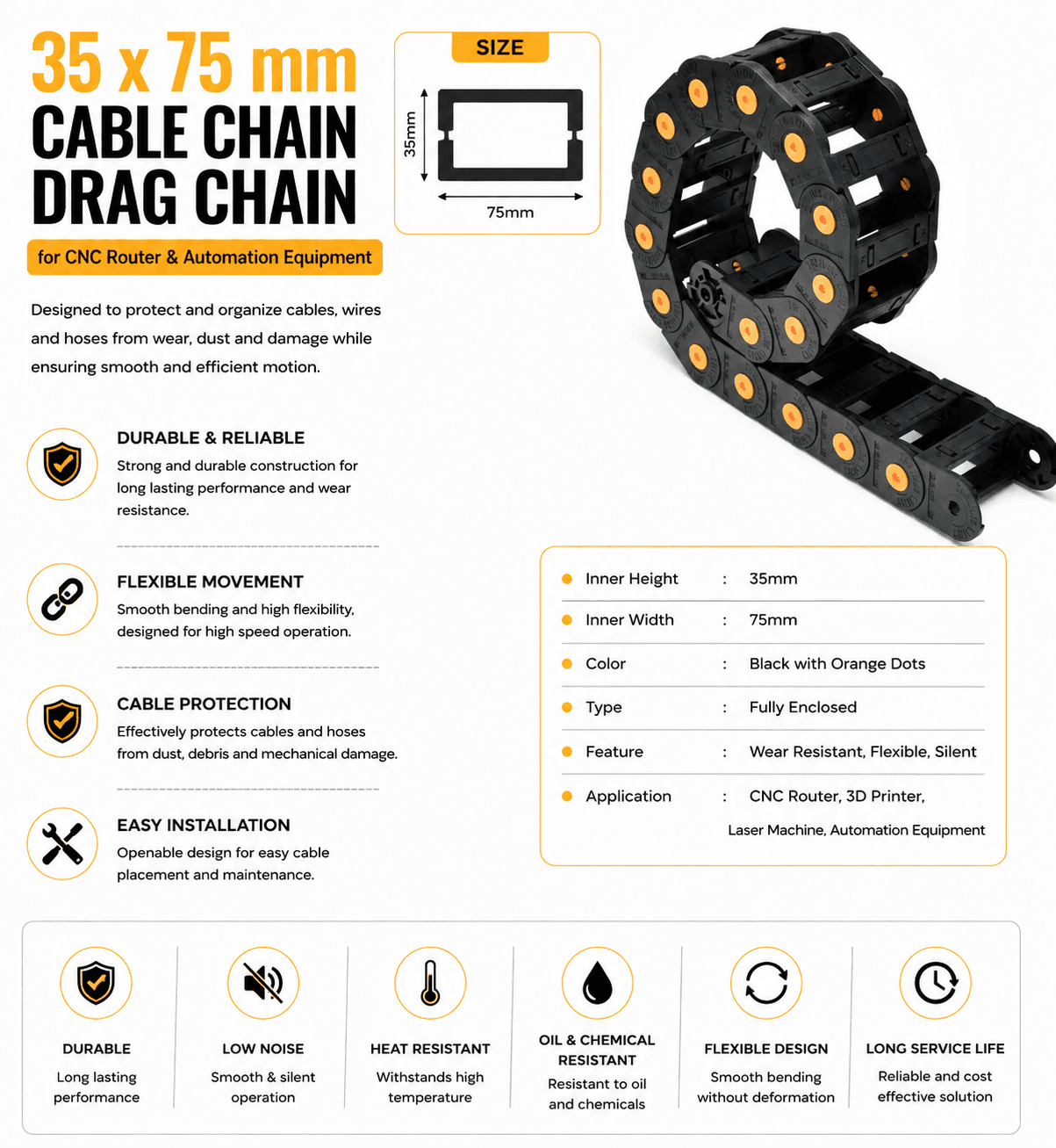35*75 mm Cable Chain Drag Chain for CNC router