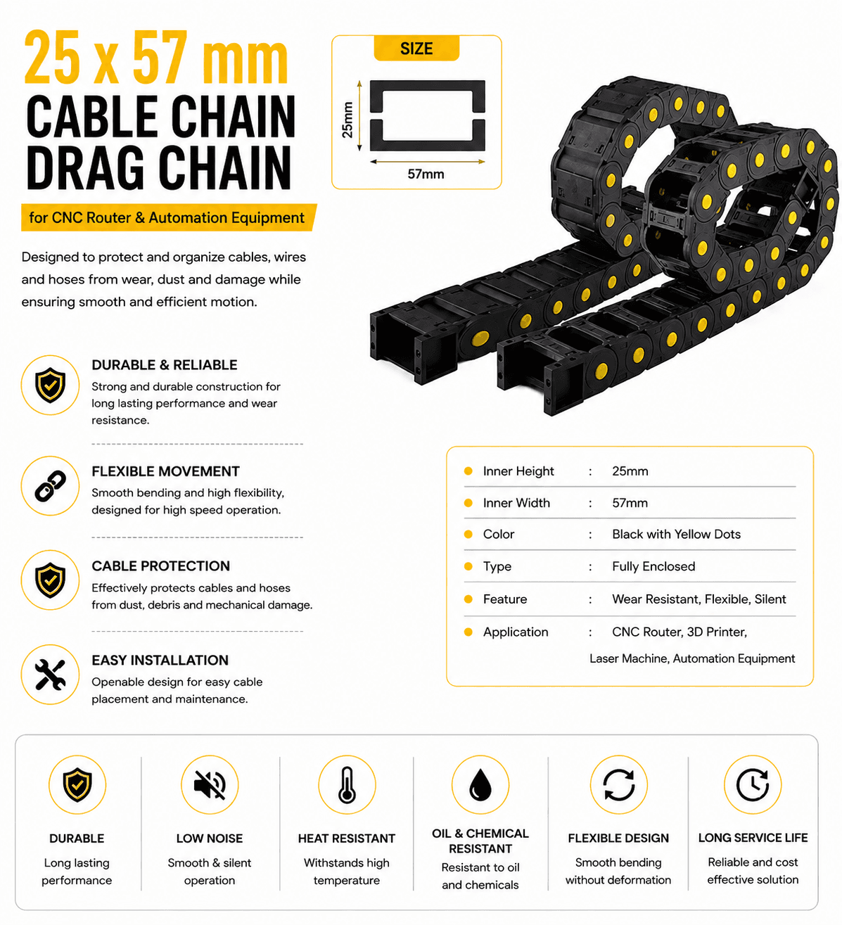 25*57 mm Cable Chain Drag Chain for CNC router
