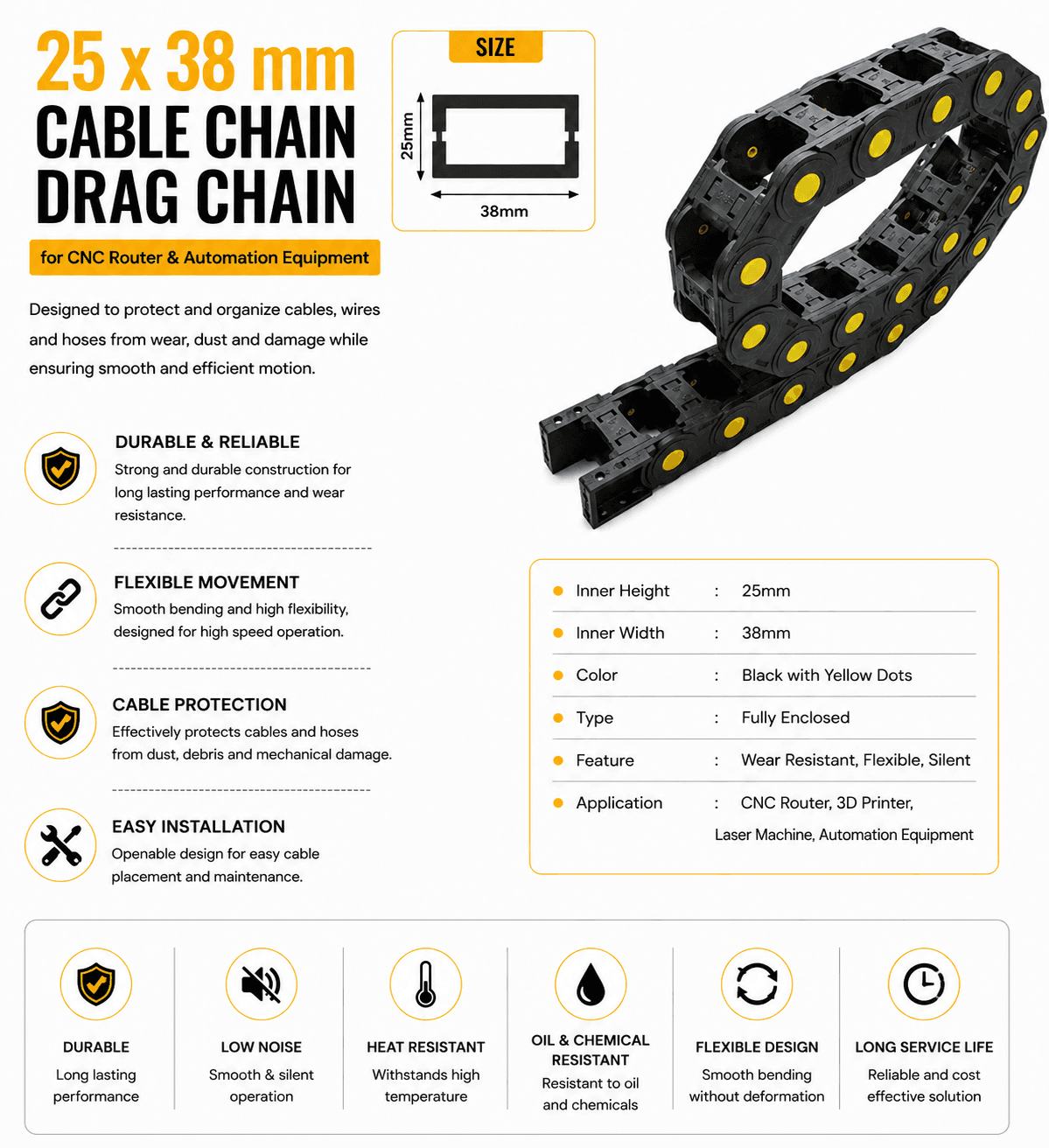 25x38 mm Cable Chain Drag Chain for CNC router
