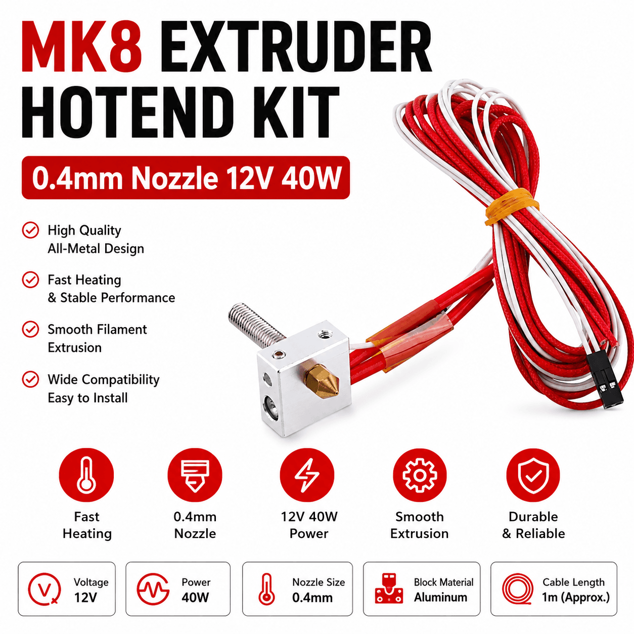 MK8 Extruder Hotend Kit 0.4mm Nozzle 12V 40W