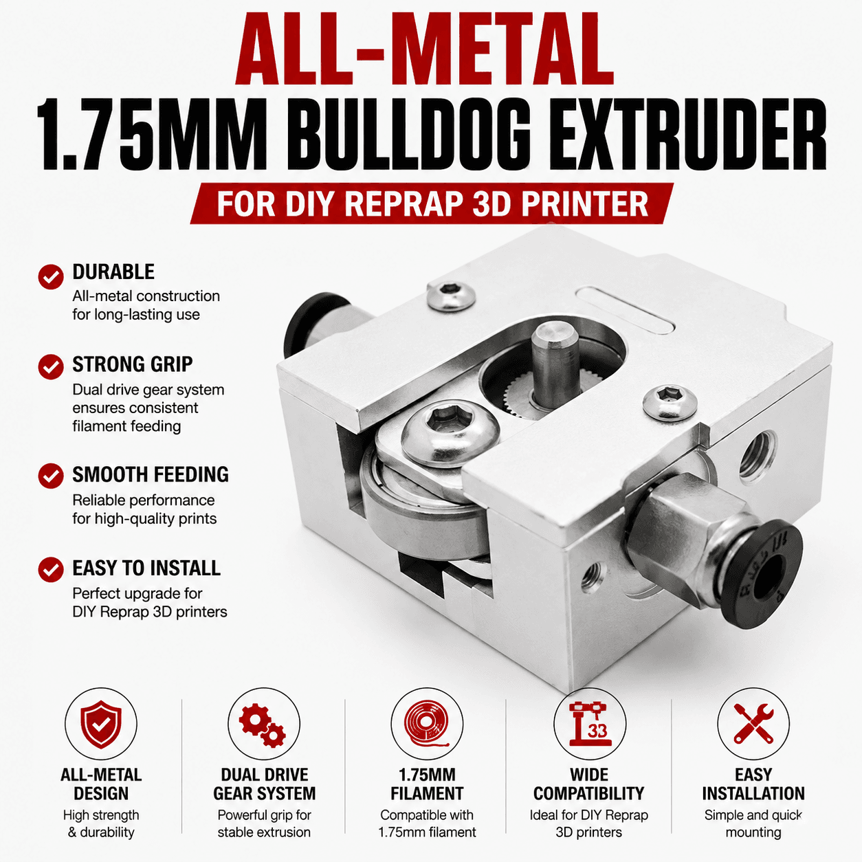 All-Metal 1.75mm Bulldog Extruder for DIY Reprap 3D Printer