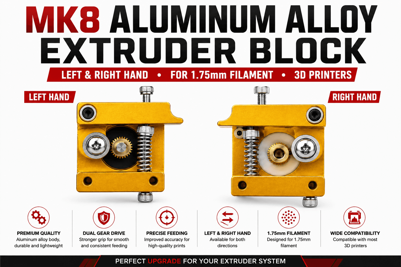 MK8 Aluminum Alloy Extruder Block – Left & Right Hand for 1.75mm Filament 3D Printers