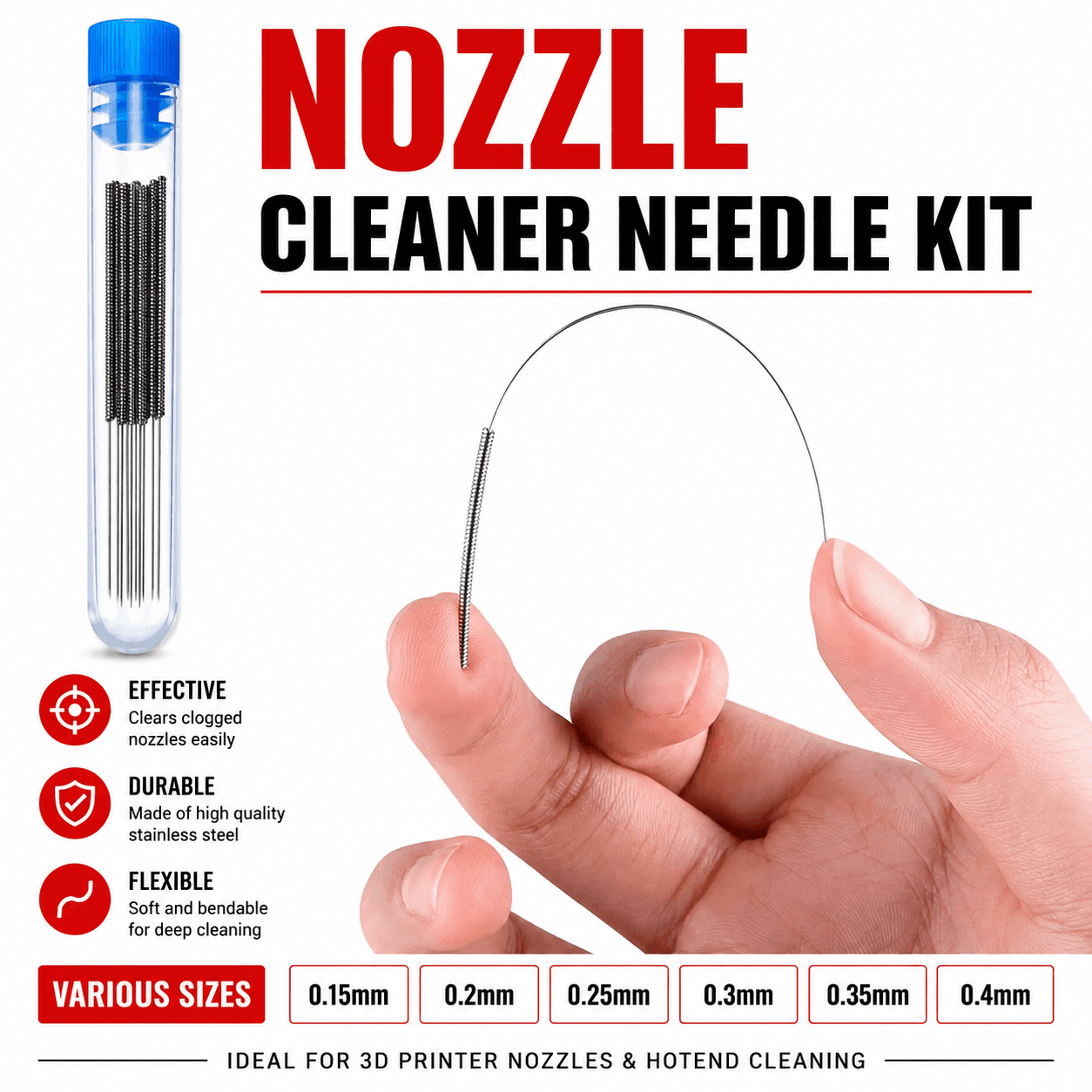 Nozzle Cleaner Needle Kit 0.4mm / 0.35mm / 0.3mm / 0.25mm / 0.2mm