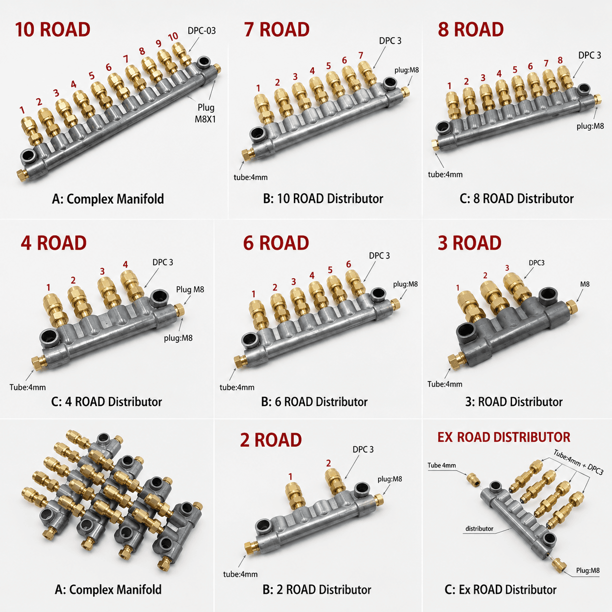 Centralized CNC Lubrication Distributor Block Kit – Multi-Outlet (2 to 10 Way) 4mm Tube Oil Manifold with Brass Fittings & M8 Plug