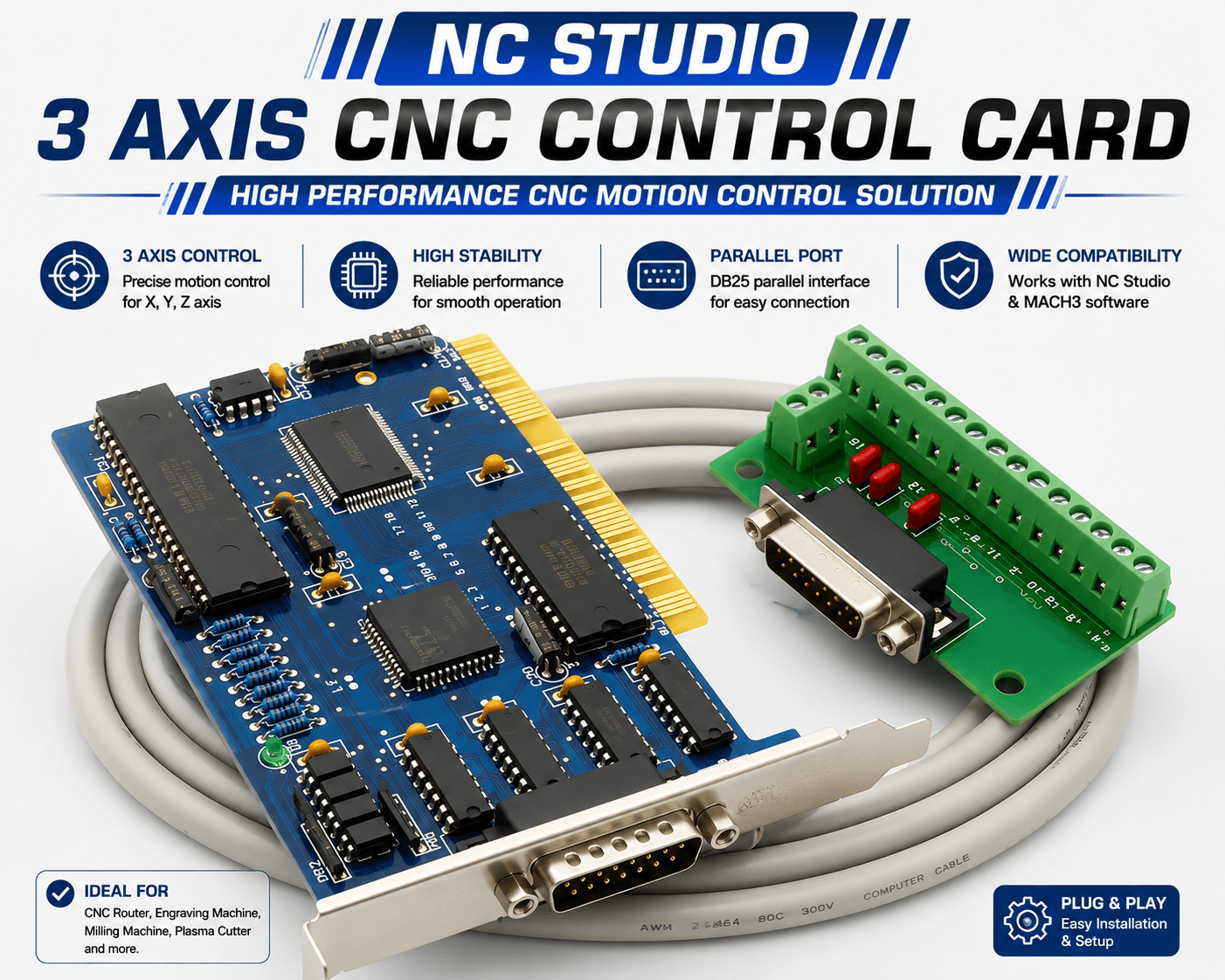 NC Studio 3 Axis CNC Control Card – High-Speed PCI Motion Controller for CNC Machines