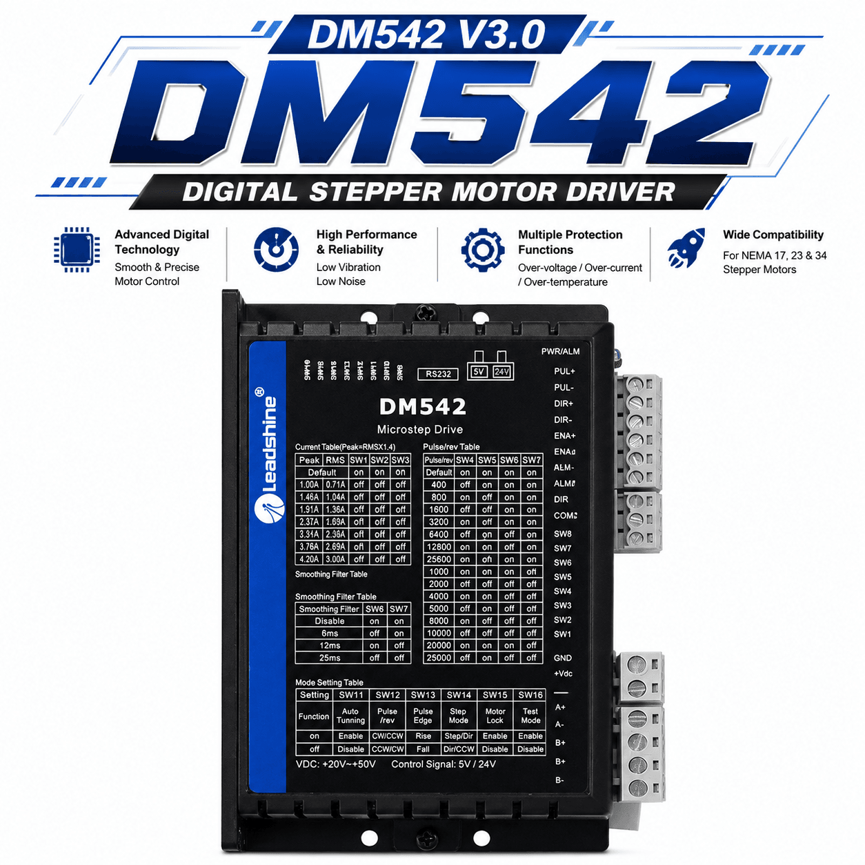 DM542 V3.0 Digital Stepper Motor Driver for CNC Router, Laser & Automation Systems
