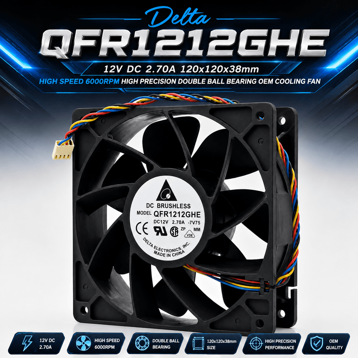 12V DC 2.70A 120x120x38mm HIGH SPEED 6000RPM HIGH PRECISION DOUBLE BALL BEARING OEM COOLING FAN
