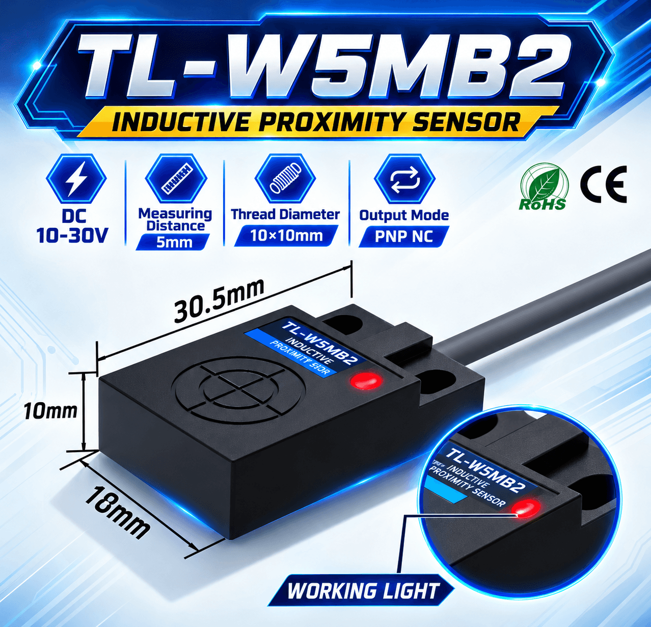 TL-W5MB2 Inductive Proximity Sensor – 5mm Detection, PNP NC, Industrial Automation Switch (10–30V DC)