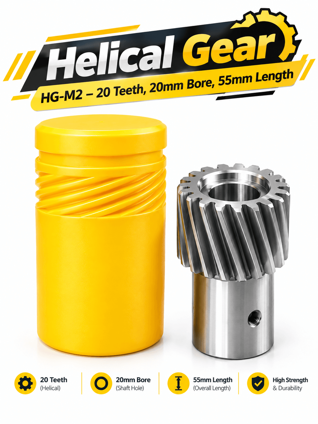 Helical Gear HG-M2 – 20 Teeth, 20mm Bore, 55mm Length