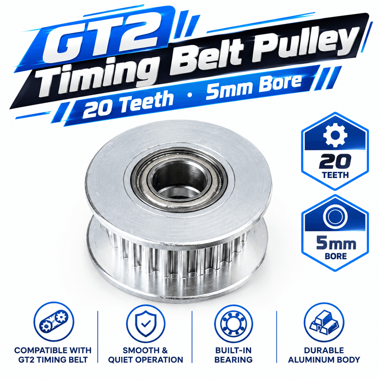 20 Teeth 5mm GT2 Timing Belt Idler Pulley With Bearing For 3D Printer