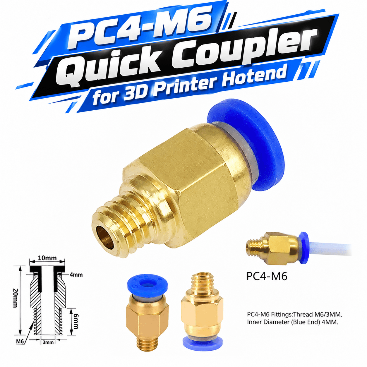 PC4-M6 Quick Coupler Straight Threaded Pneumatic Push In for Hotend Connection