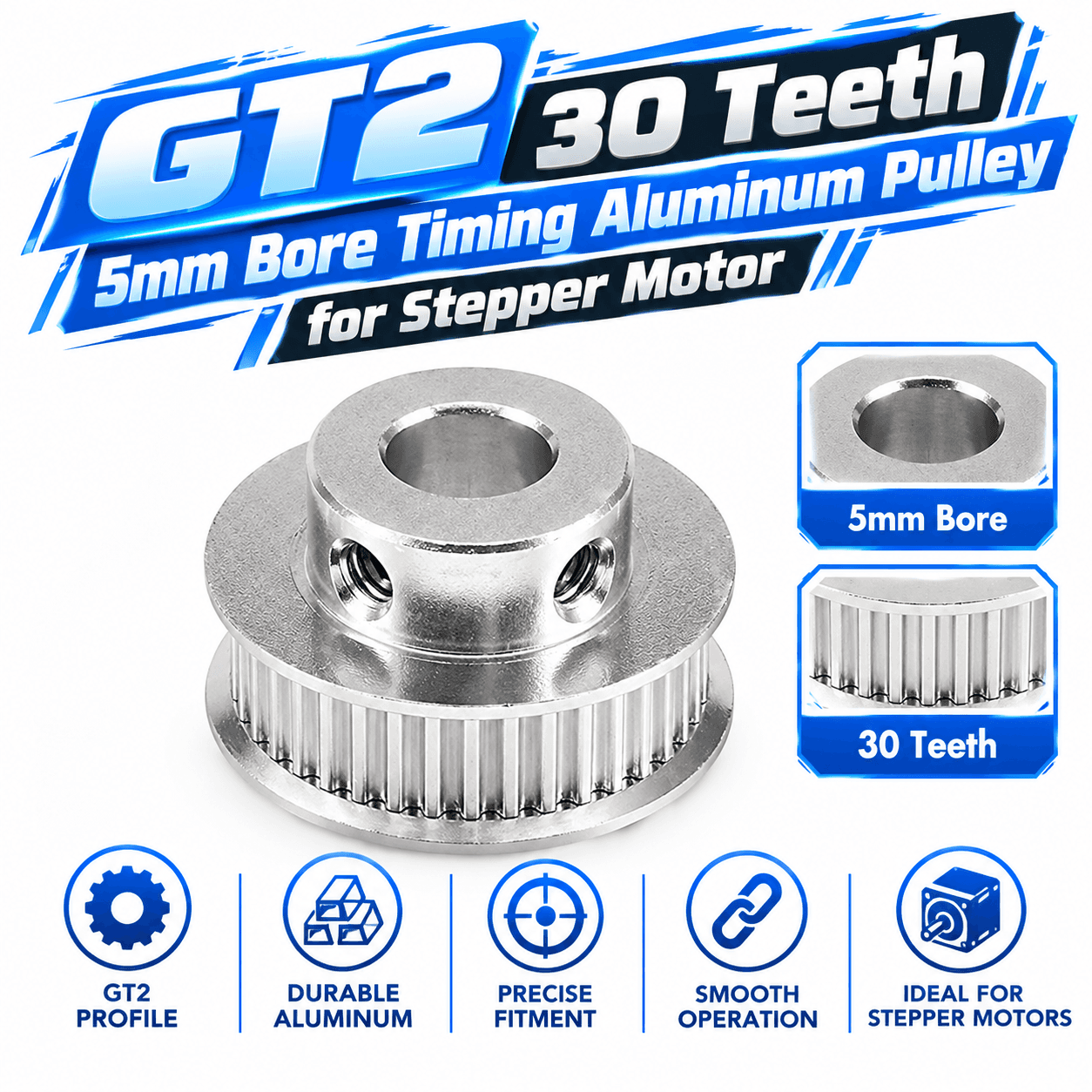 GT2 30 Teeth 5mm Bore Timing Aluminum Pulley