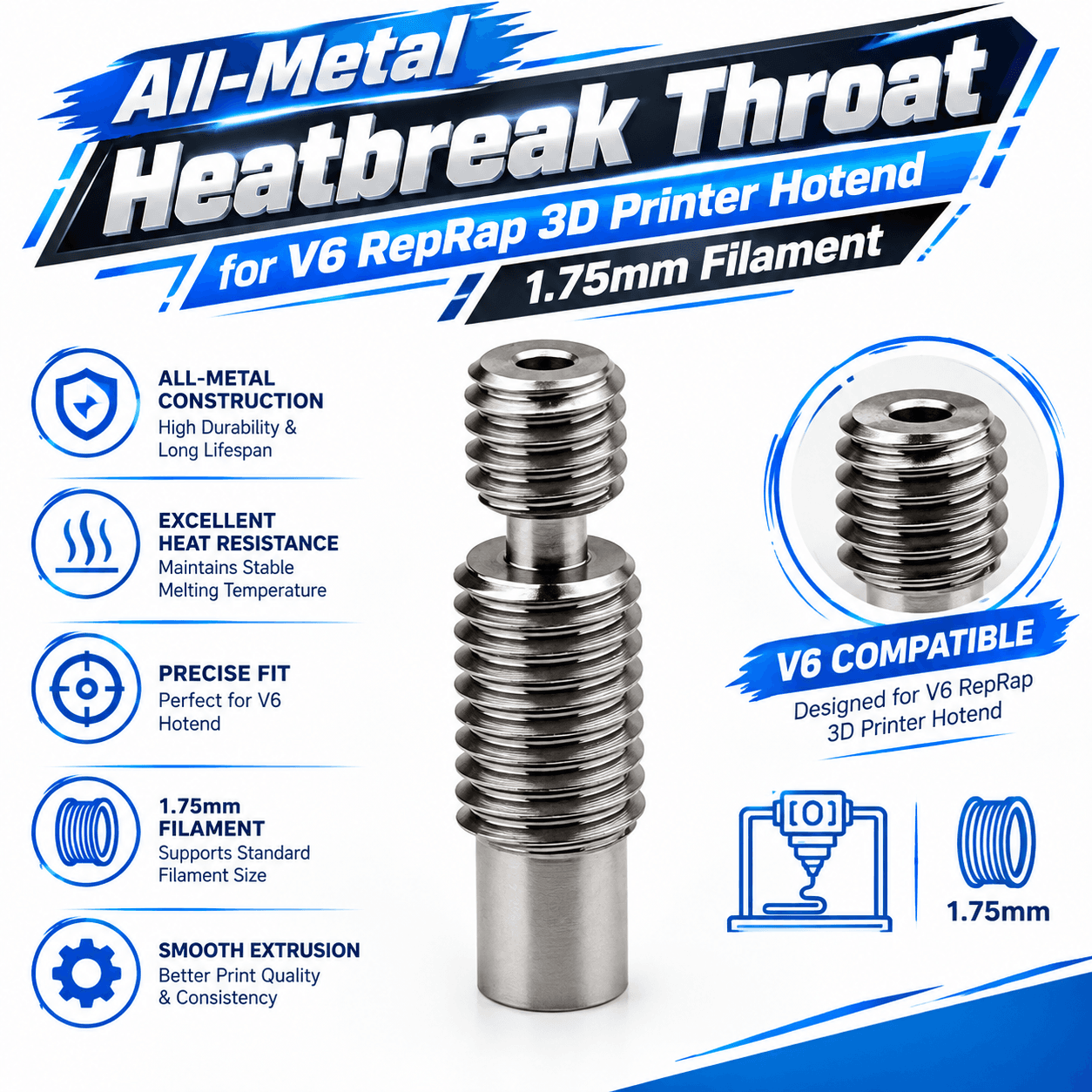 All-Metal Heatbreak Throat for V6 RepRap 3D Printer Hotend 1.75mm Filament