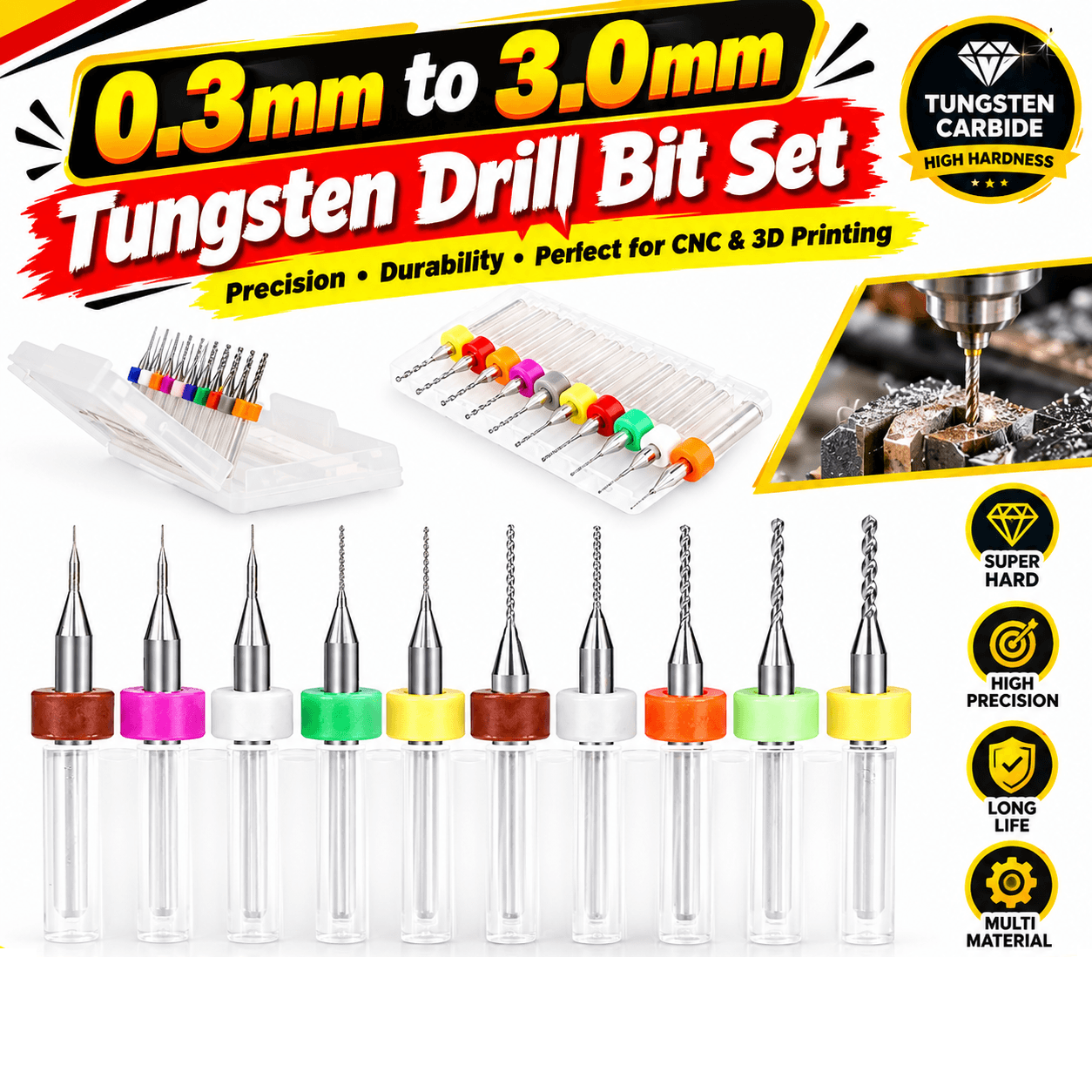 0.3mm to 3.0mm Tungsten Drill Bit Set
