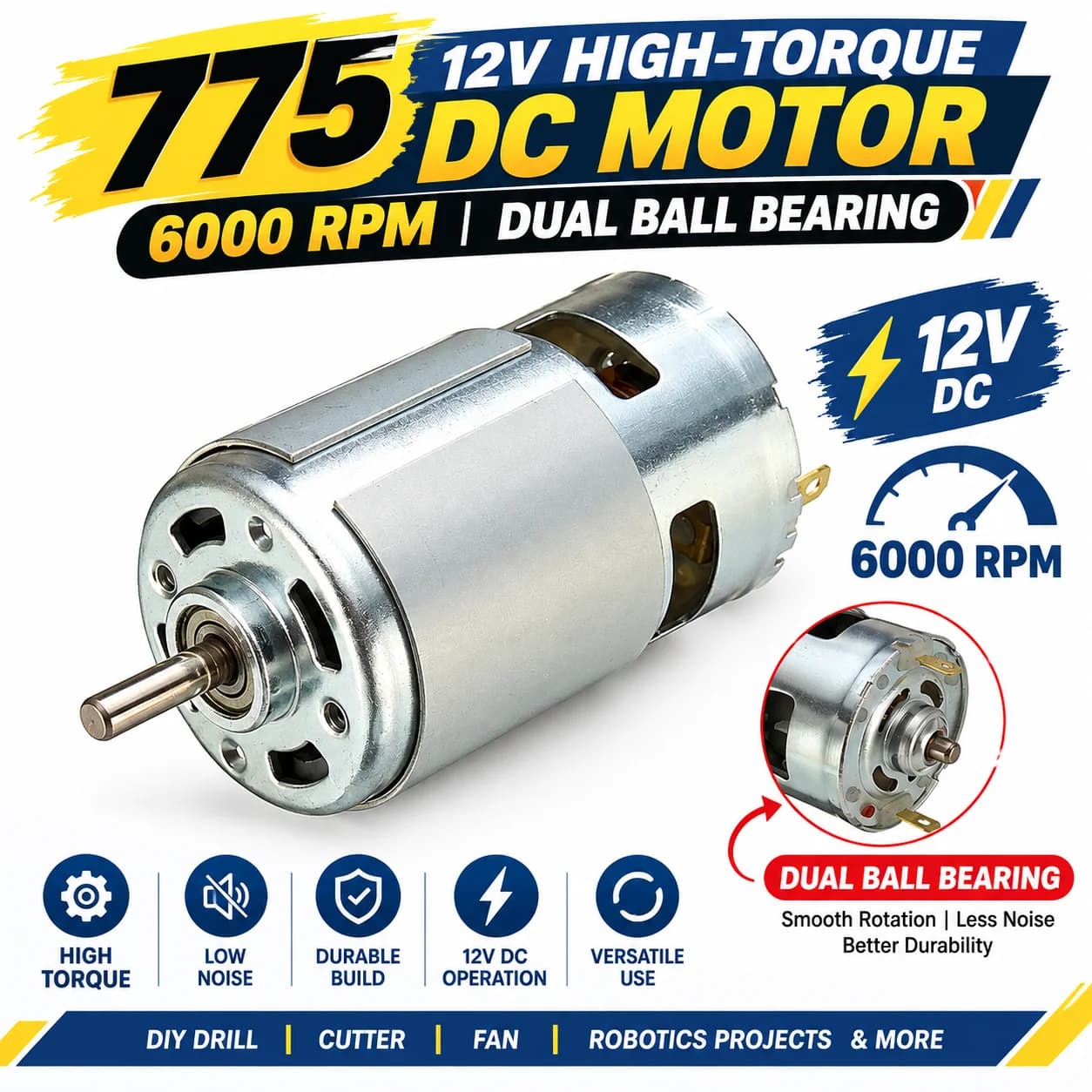 775 12V High Torque DC Motor – 6000 RPM Low Noise Motor with Dual Ball Bearings for DIY Drill, Cutter, Fan & Robotics Projects