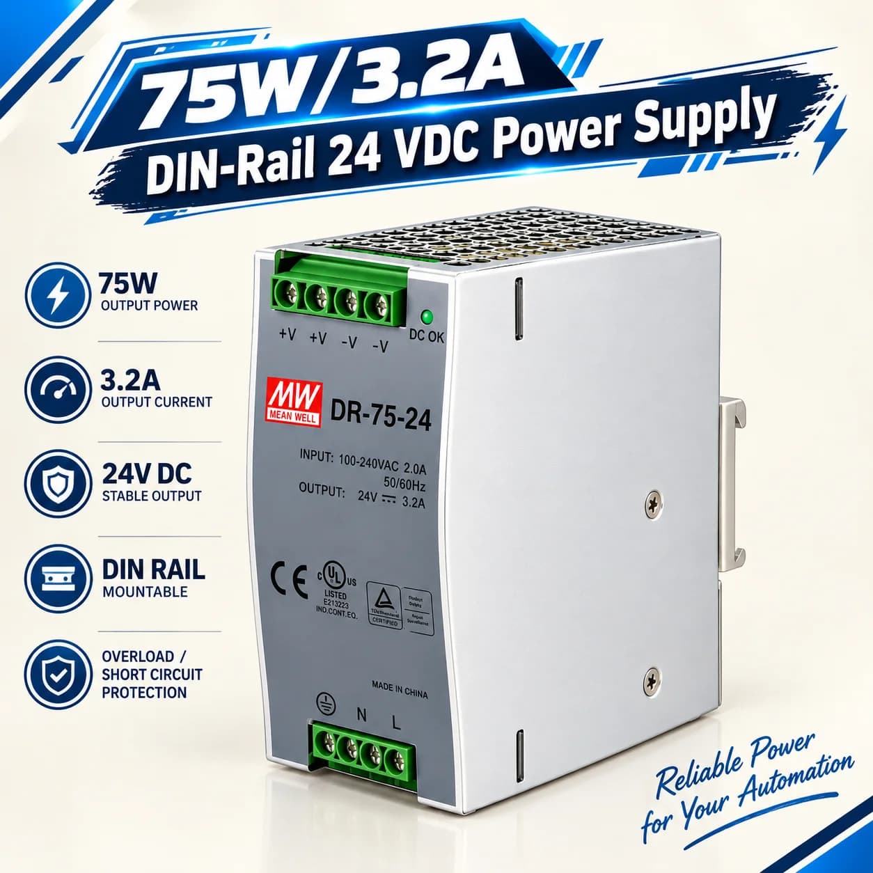 75W/3.2A DIN-Rail 24 VDC Power Supply